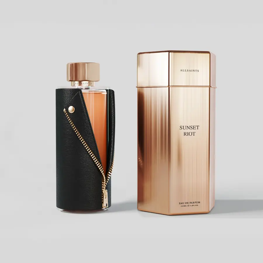 All Saints Sunset Riot fragrance bottle and box — photoreal CGI