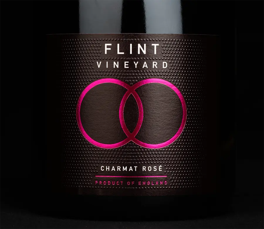 Flint Vineyard Charmat rosé label on a black bottle
