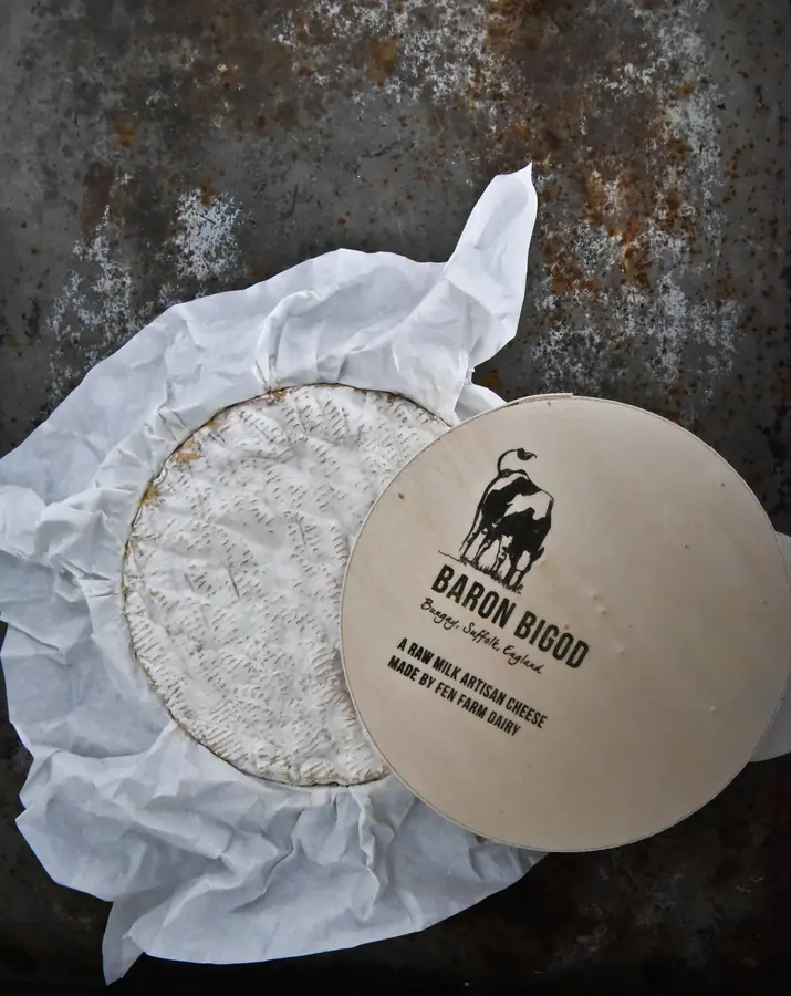 Baron Bigod cheese unwrapped from its Fen Farm Dairy paper and wooden box