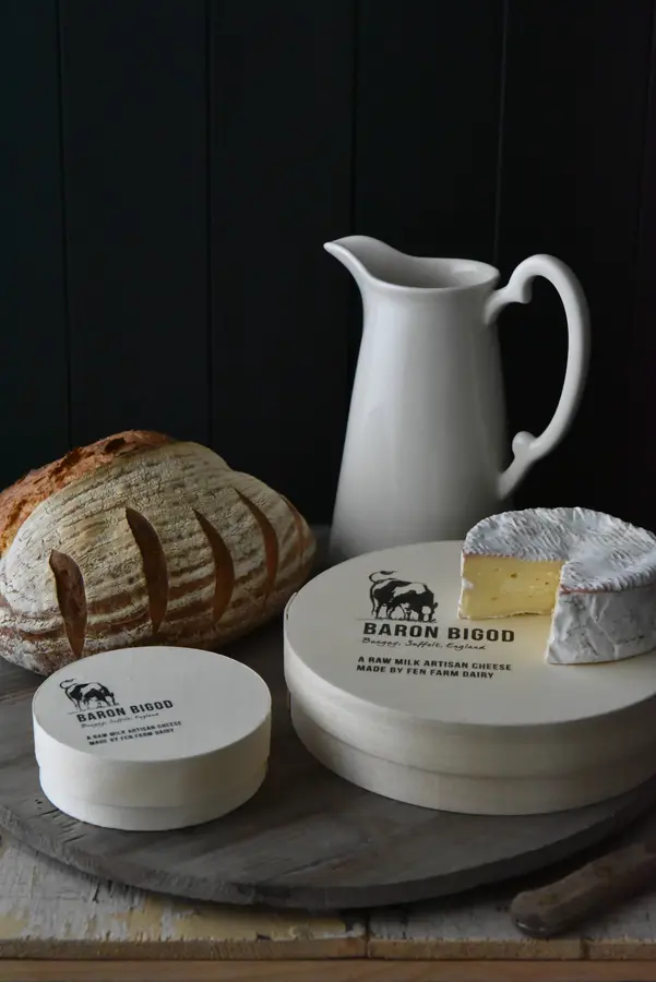 Baron Bigod cheese boxes with bread and a white jug — Fen Farm Dairy art direction
