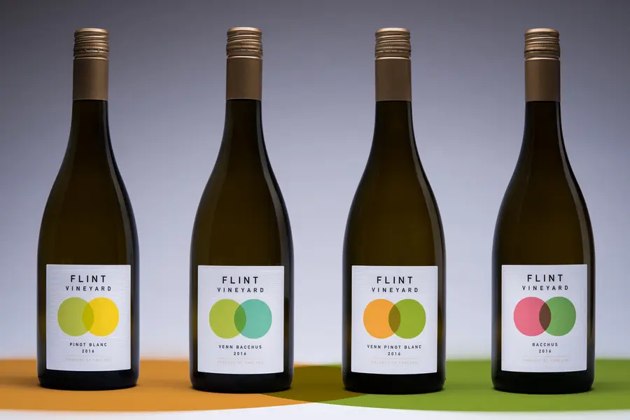 Flint Vineyard English wine range — bottles with Venn-diagram labels designed by StudioHammond