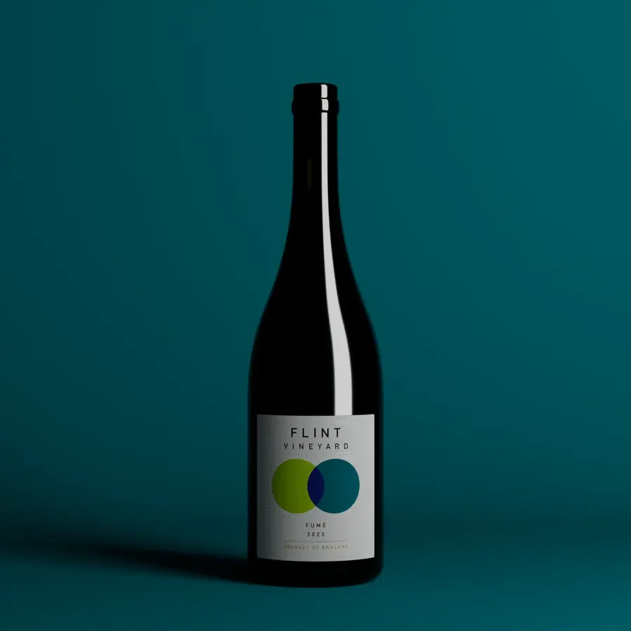 Flint Vineyard wine bottle with the overlapping-circles label on a teal background