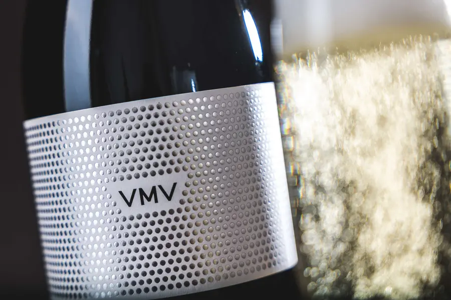 Flint Vineyard VMV (Venn Multi Vintage) bottle with perforated metal label