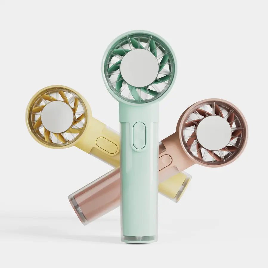 Photoreal CGI of handheld fans in pastel colours