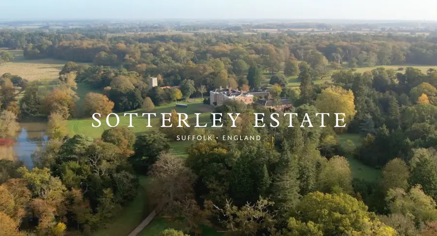 Aerial view of Sotterley Estate, Suffolk, with the new Sotterley Estate wordmark