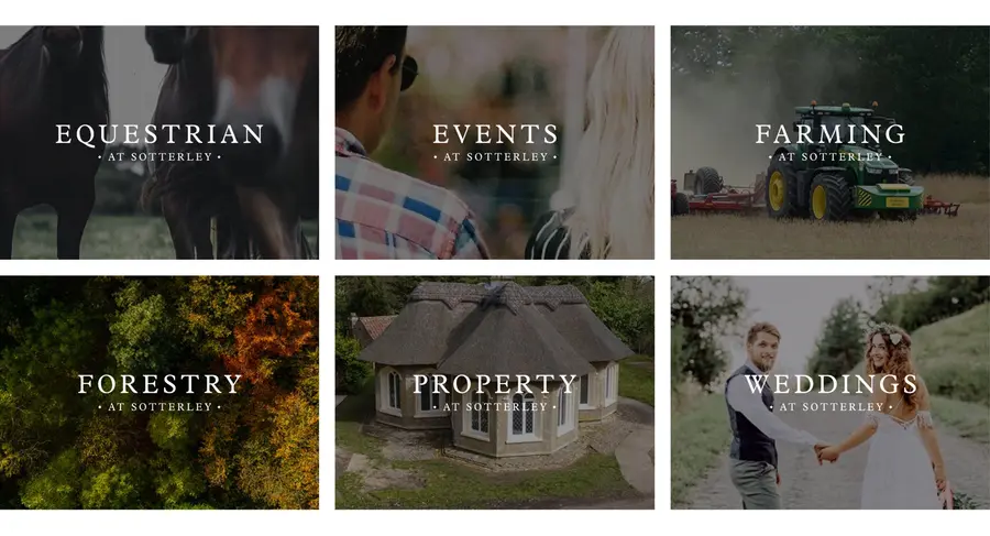 Sotterley Estate website sections — equestrian, events, farming, forestry, property and weddings