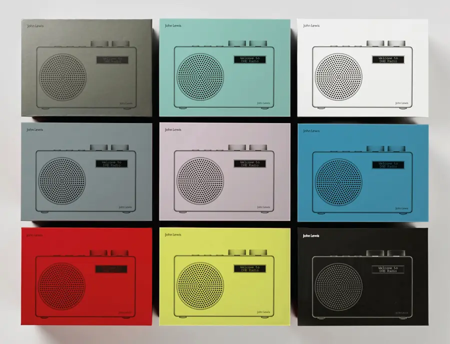 John Lewis Spectrum radio packaging, designed with Pentagram